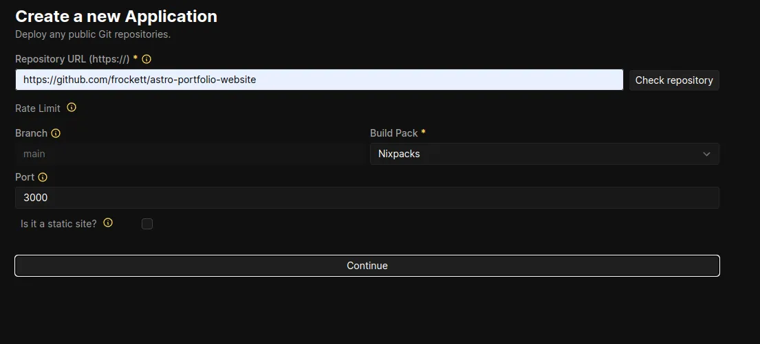 screenshot of the deployment config with static site not selected