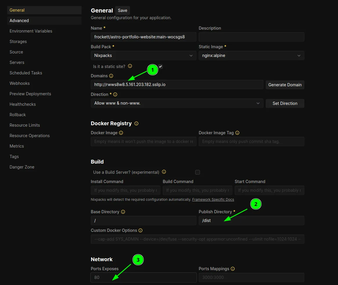 The configuration panel