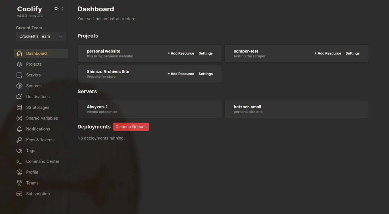 A screenshot of the Coolify dashboard